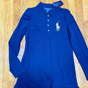 BNWT girls L\S Polo dress . Navy cotton. Flounce hem.